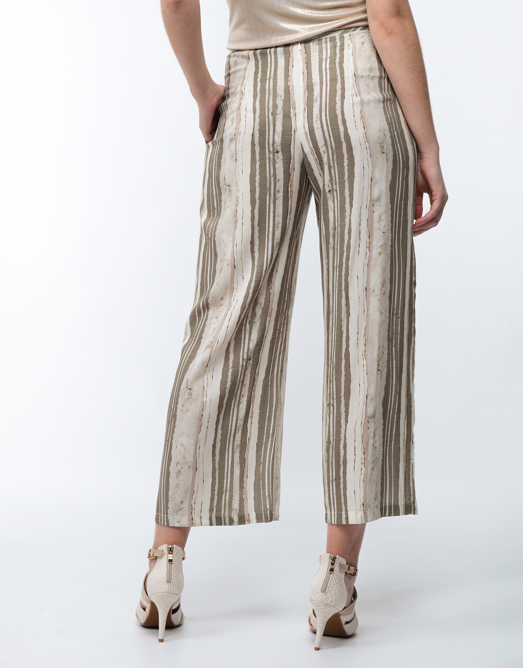 Summer trousers 7/8 in viscose and silk printed striped khaki and ivory 